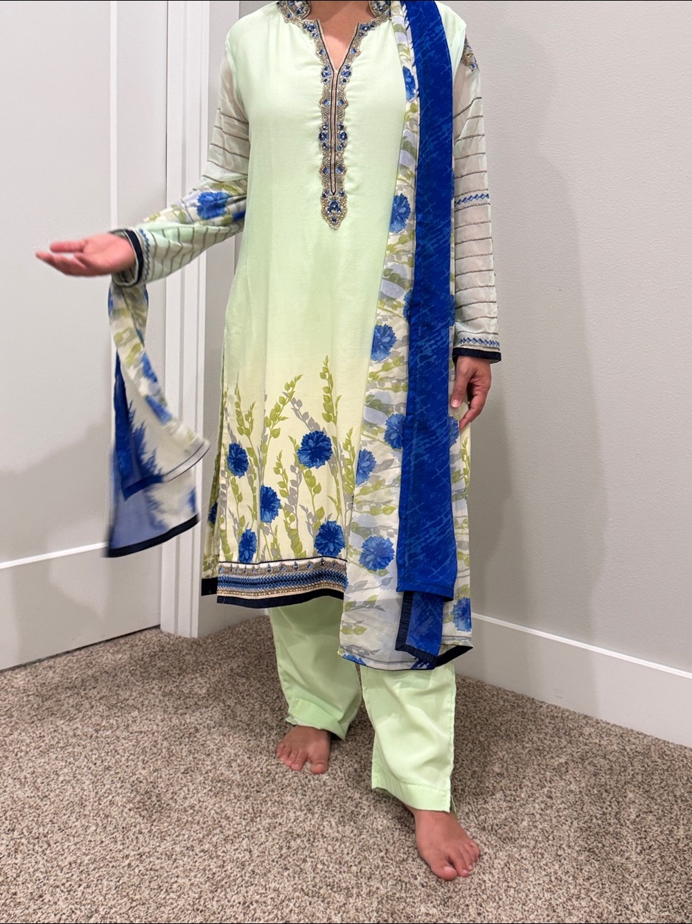 3 piece Light Green Floral Embroidered Salwar Kameez with pant and Dupatta
